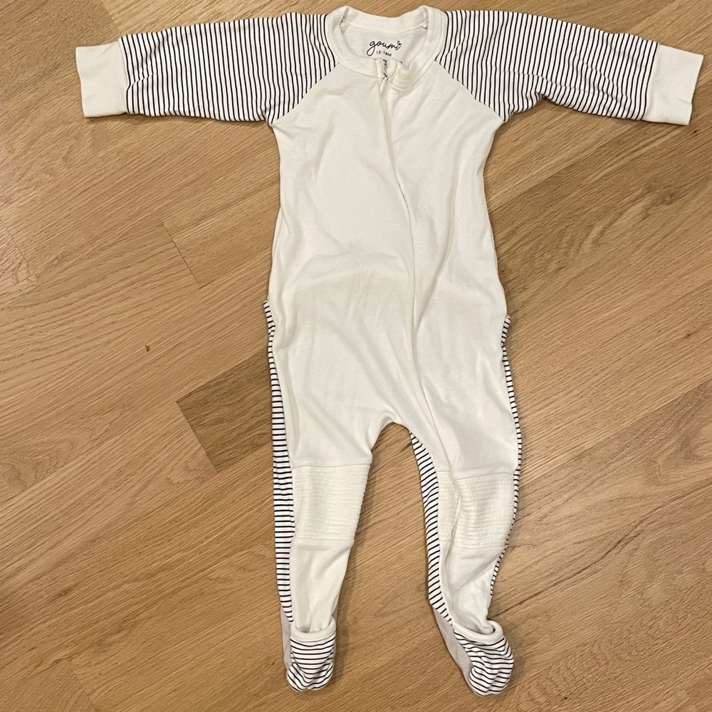 Luxuriously soft Goumi White and Gray Striped  Footie PJs